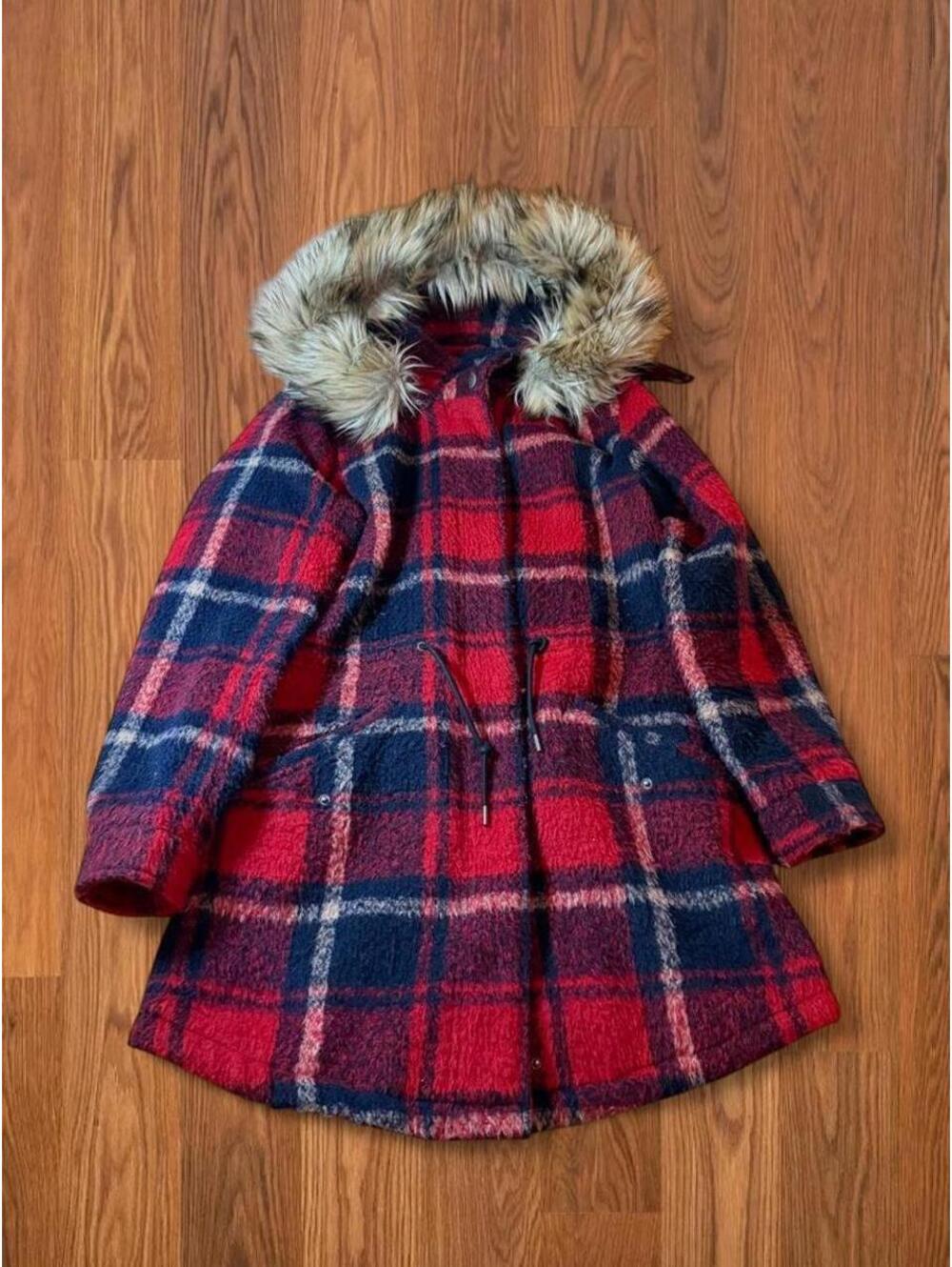 American Eagle Y2K Plaid Winter Coat Faux Fur Hooded Jacket Red Blue Women Small